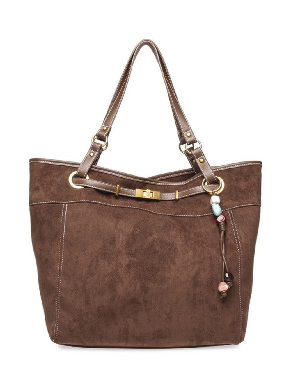 Steve Madden Brown Suede Tote with Bead Charm Accent